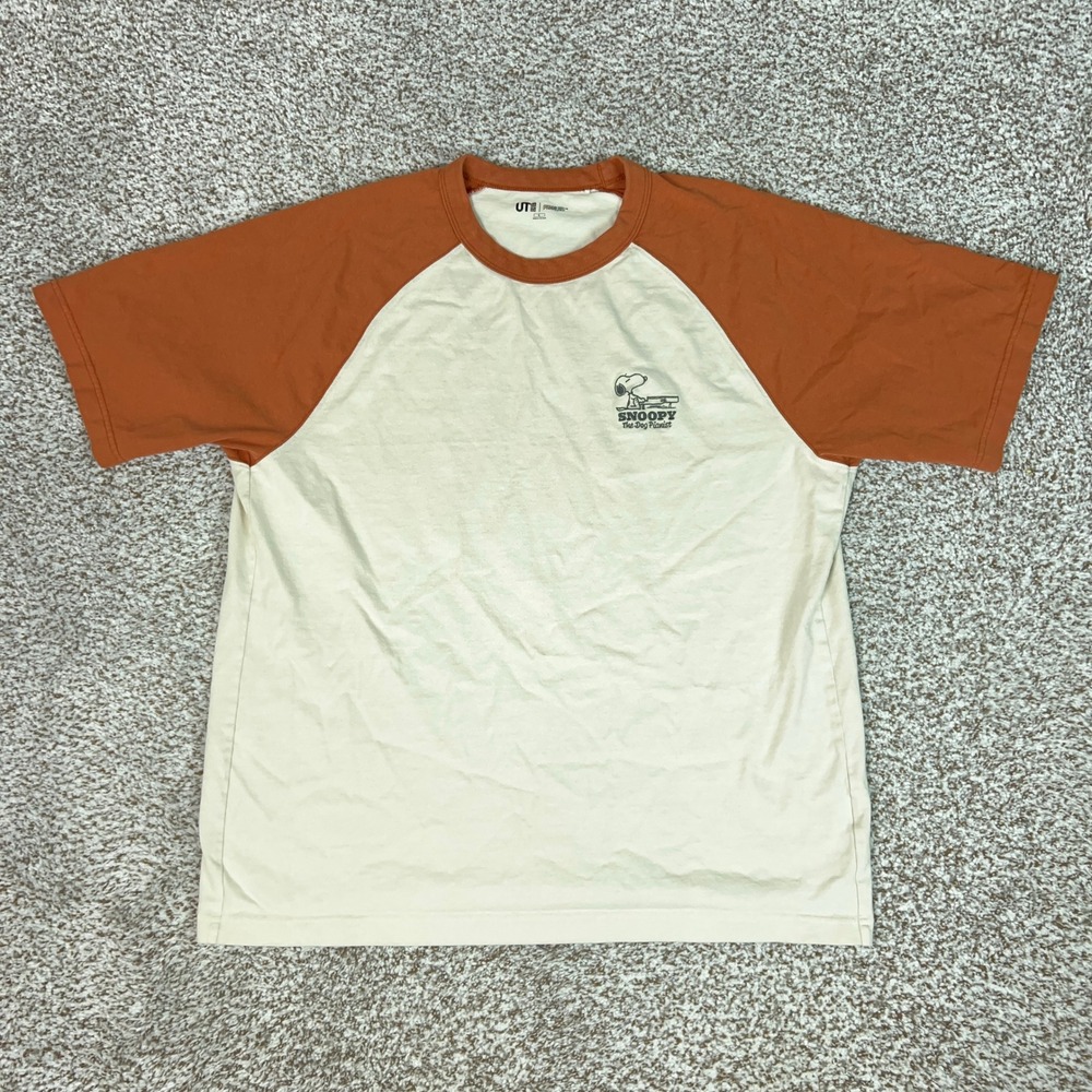 Peanuts X Uniqlo Shirt Mens Large White Orange Snoopy Raglan Cotton Baseball Tee